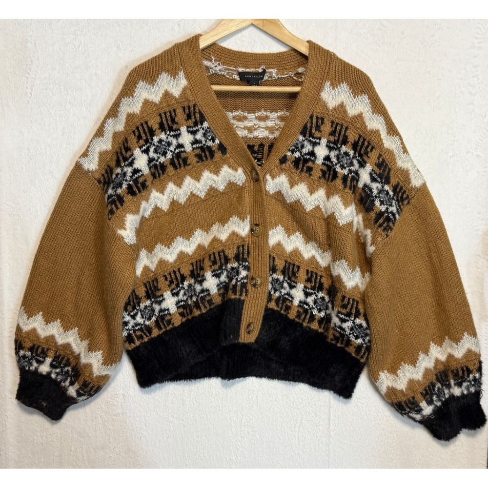 Ann Taylor Brown Tan Black Fair Isle Button Cardigan